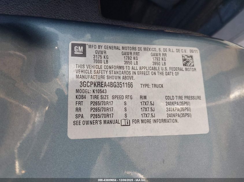 2011 Chevrolet Silverado 1500 Ls VIN: 3GCPKREA4BG351166 Lot: 43889654