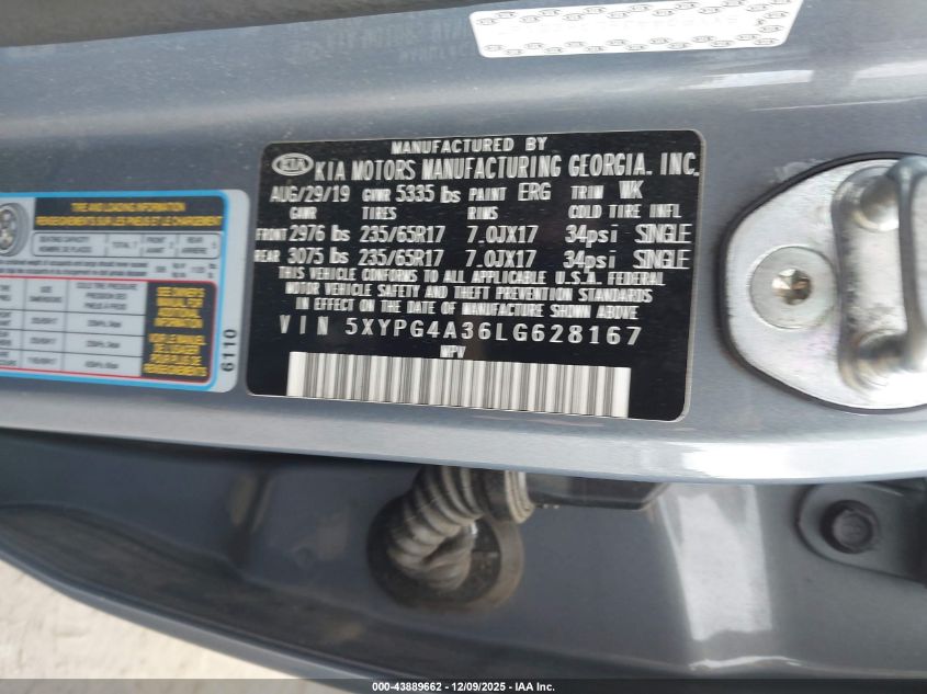 2020 Kia Sorento 2.4L Lx VIN: 5XYPG4A36LG628167 Lot: 43889662