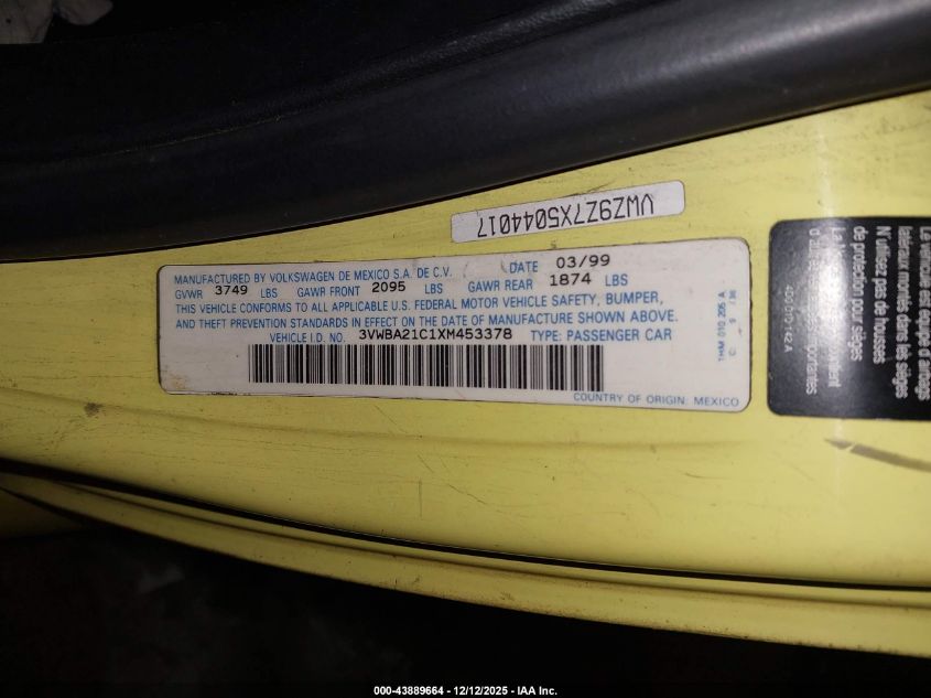 1999 Volkswagen New Beetle Gl VIN: 3VWBA21C1XM453378 Lot: 43889664