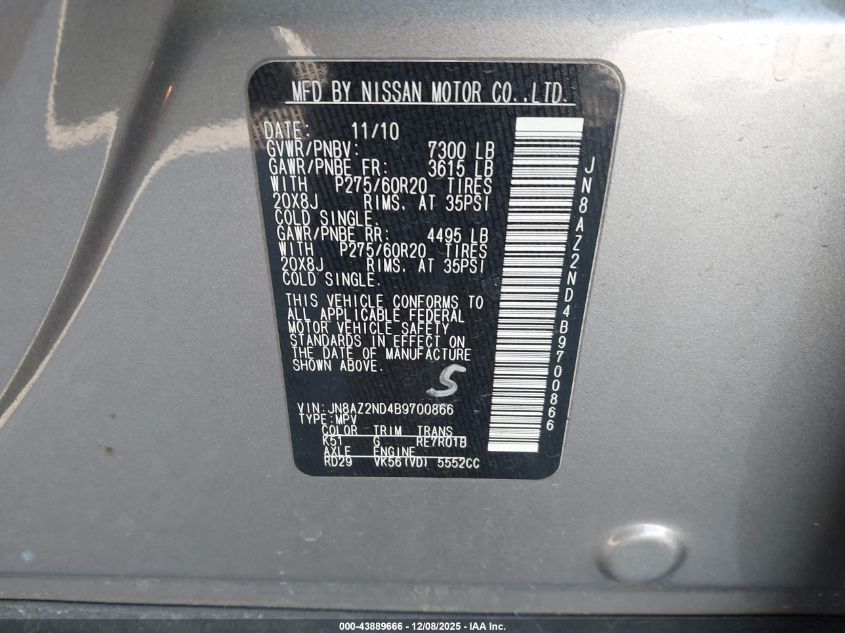 2011 Infiniti Qx56 VIN: JN8AZ2ND4B9700866 Lot: 43889666