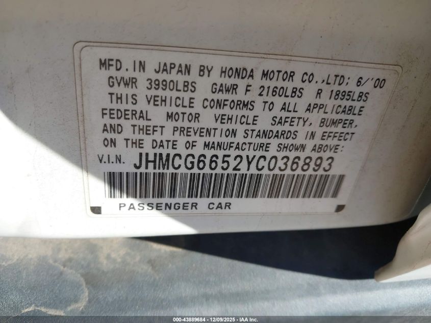 2000 Honda Accord 2.3 Lx VIN: JHMCG6652YC036893 Lot: 43889684