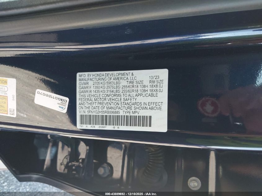 2024 Honda Pilot Ex-L 7 Passenger VIN: 5FNYG2H55RB006885 Lot: 43889692