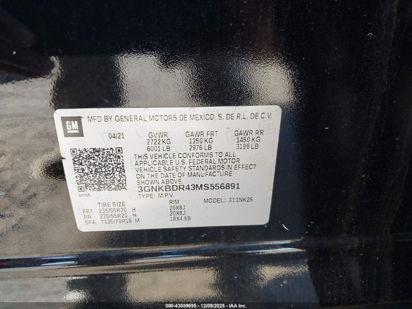 2021 Chevrolet Blazer Fwd 3Lt VIN: 3GNKBDR43MS556891 Lot: 43889695