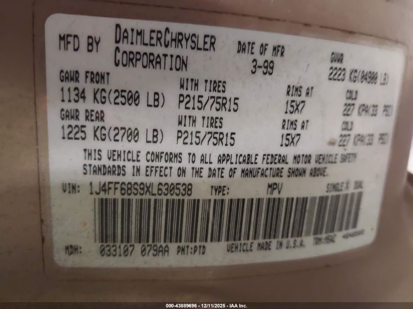 1999 Jeep Cherokee Classic/Sport VIN: 1J4FF68S9XL630538 Lot: 43889696