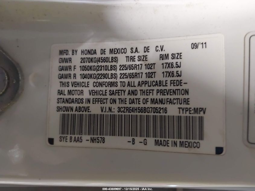 2011 Honda Cr-V Ex VIN: 3CZRE4H56BG705216 Lot: 43889697