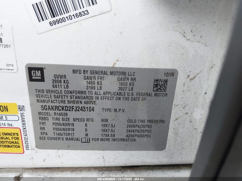 2015 Buick Enclave Premium VIN: 5GAKRCKD2FJ243104 Lot: 43889698