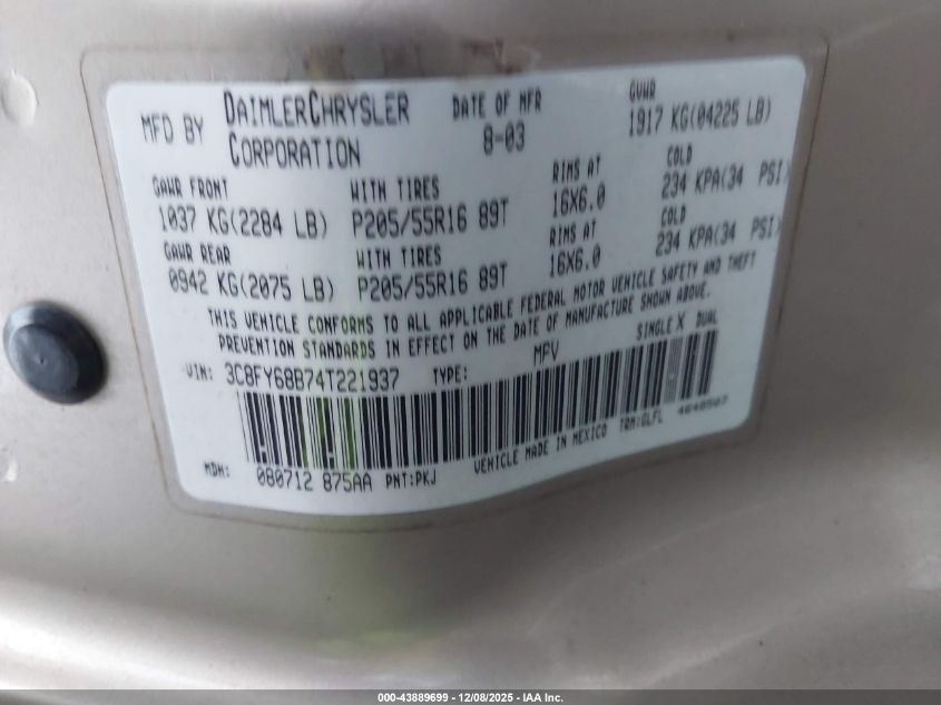 2004 Chrysler Pt Cruiser Limited VIN: 3C8FY68B74T221937 Lot: 43889699