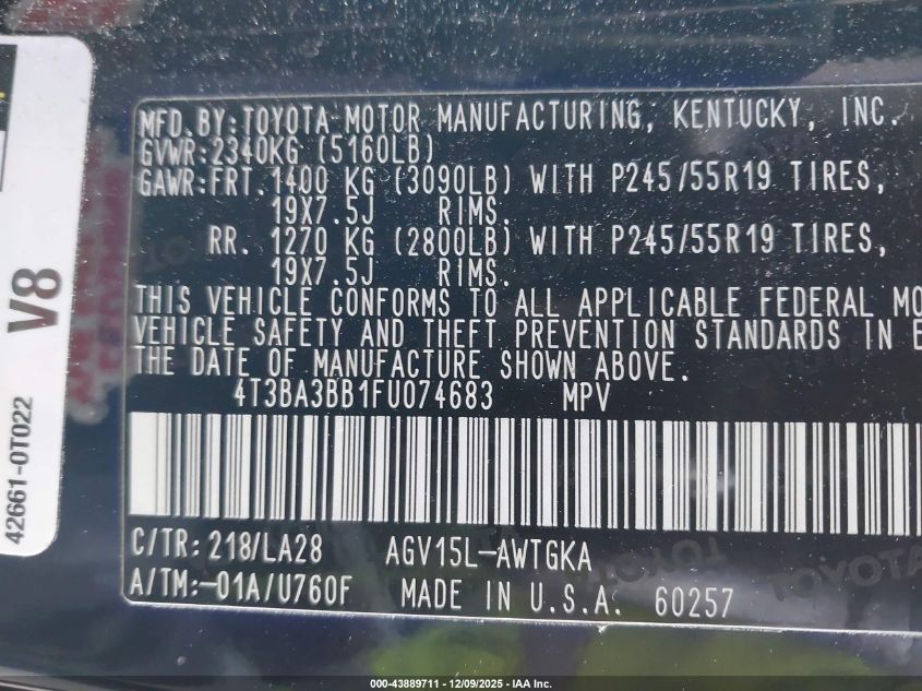 2015 Toyota Venza Xle VIN: 4T3BA3BB1FU074683 Lot: 43889711