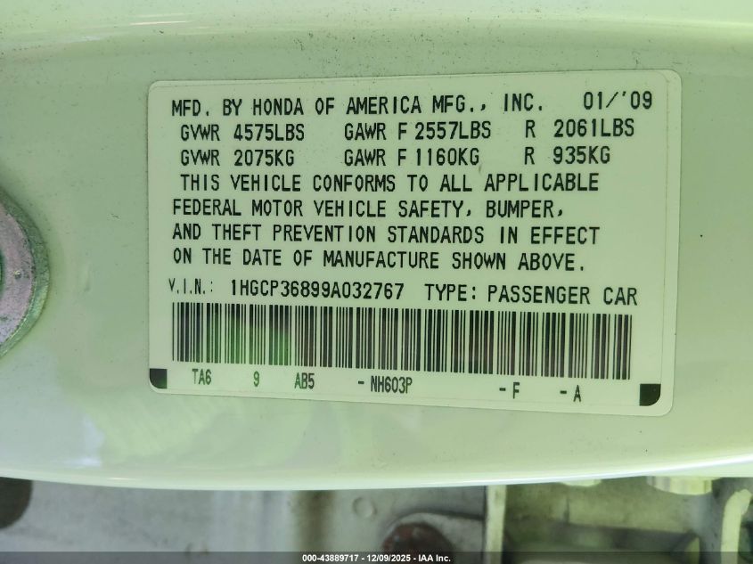 2009 Honda Accord 3.5 Ex-L VIN: 1HGCP36899A032767 Lot: 43889717