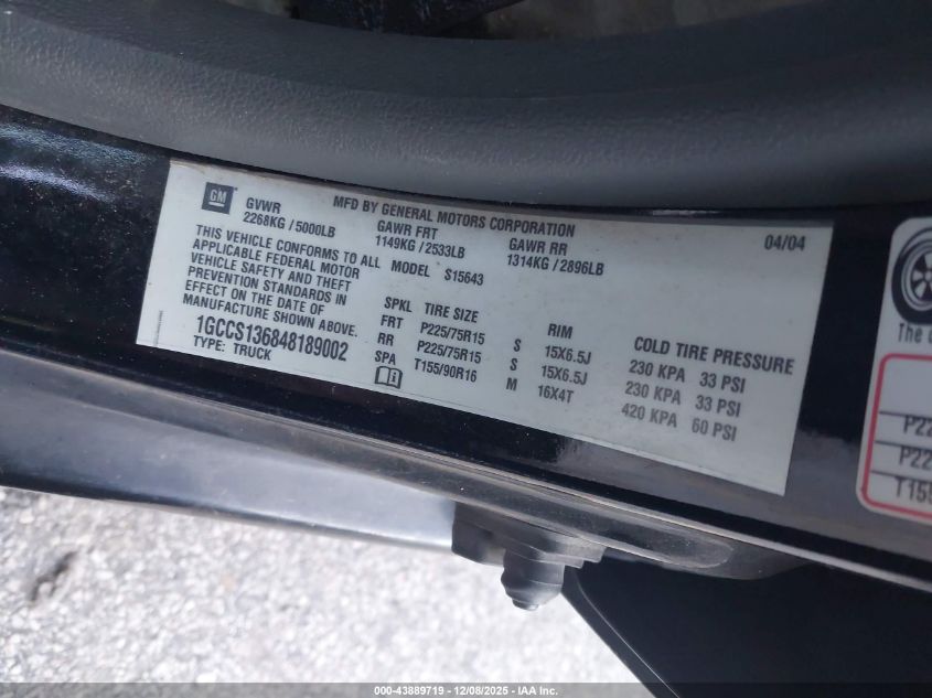 2004 Chevrolet Colorado Ls VIN: 1GCCS136848189002 Lot: 43889719