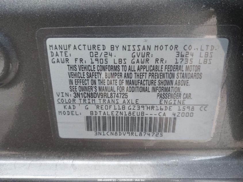 2024 Nissan Versa 1.6 S VIN: 3N1CN8DV9RL874725 Lot: 43889723