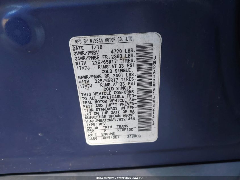 2018 Nissan Rogue Sv VIN: JN8AT2MV1JW321464 Lot: 43889725