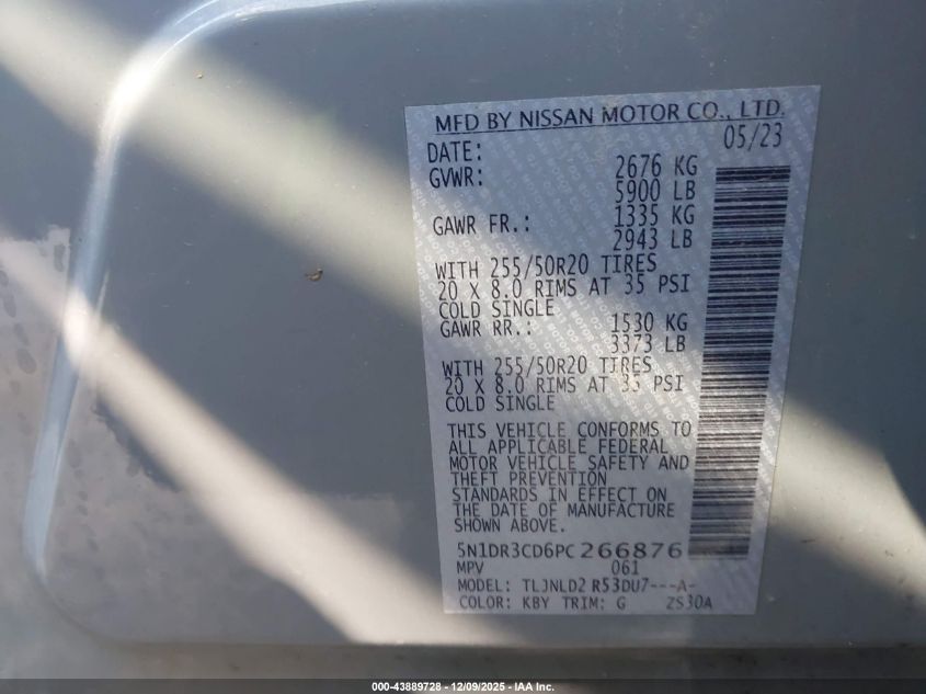 2023 Nissan Pathfinder Sl 4Wd VIN: 5N1DR3CD6PC266876 Lot: 43889728