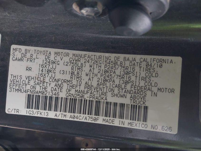 2010 Toyota Tacoma Base V6 VIN: 3TMMU4FN9AM021346 Lot: 43889744