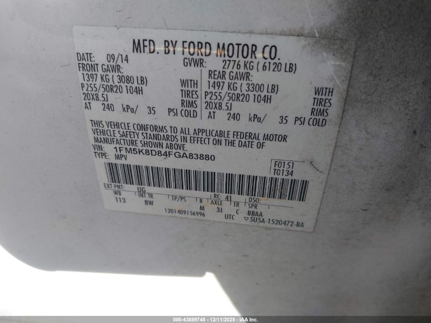 2015 Ford Explorer Xlt VIN: 1FM5K8D84FGA83880 Lot: 43889748