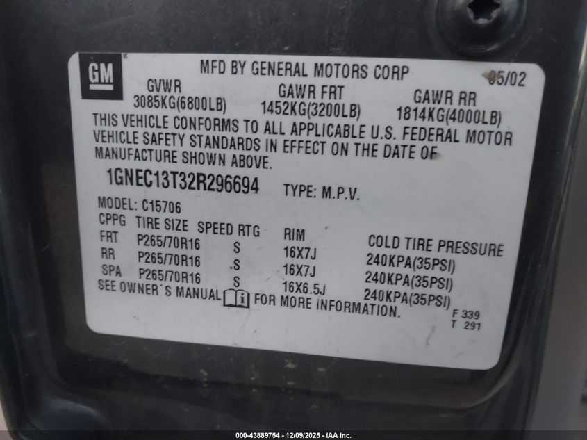 2002 Chevrolet Tahoe Ls VIN: 1GNEC13T32R296694 Lot: 43889754