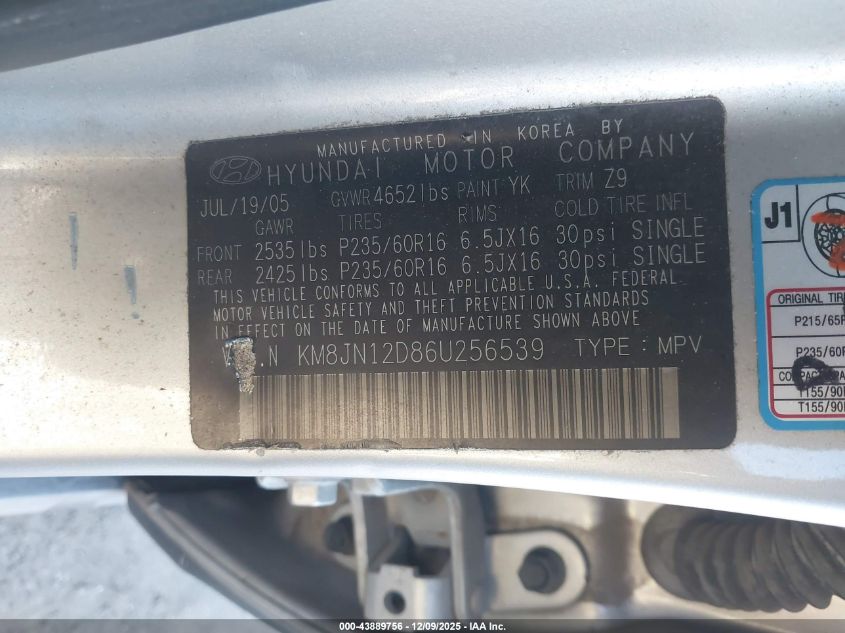 2006 Hyundai Tucson Gls/Limited VIN: KM8JN12D86U256539 Lot: 43889756