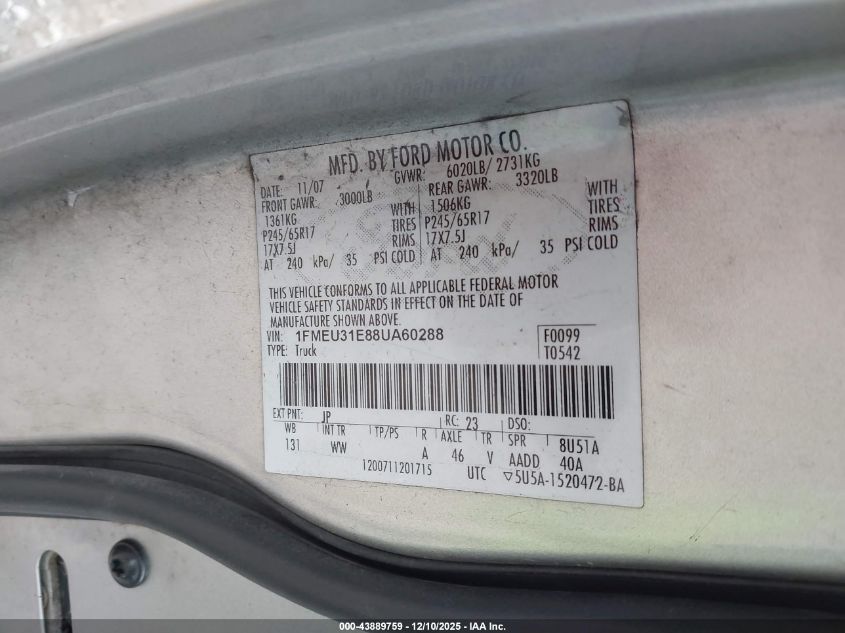 2008 Ford Explorer Sport Trac Xlt VIN: 1FMEU31E88UA60288 Lot: 43889759