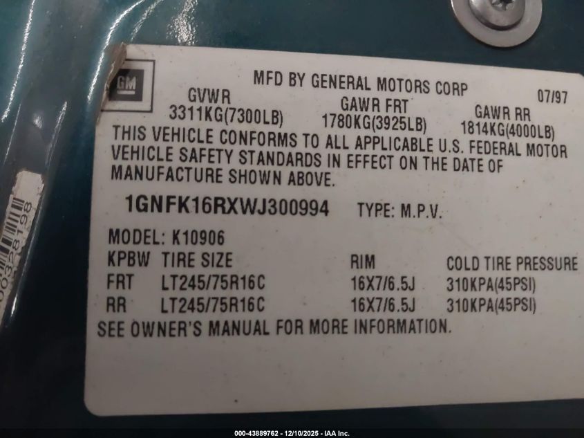 1998 Chevrolet Suburban 1500 VIN: 1GNFK16RXWJ300994 Lot: 43889762