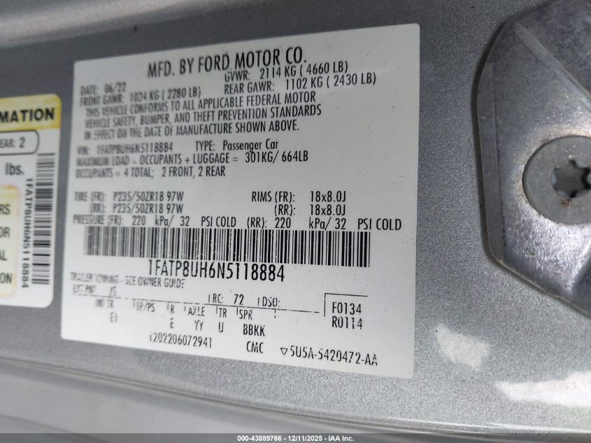 2022 Ford Mustang Ecoboost Premium VIN: 1FATP8UH6N5118884 Lot: 43889766