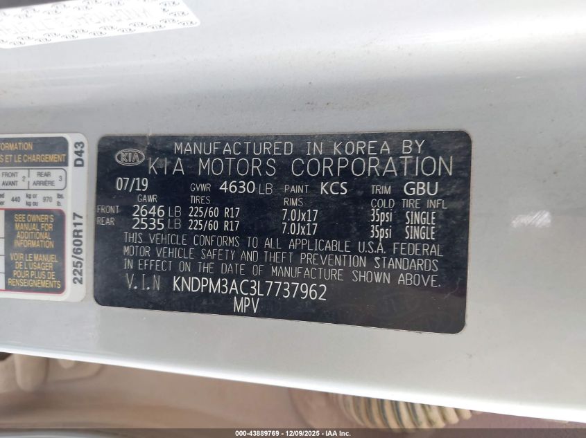 2020 Kia Sportage Lx VIN: KNDPM3AC3L7737962 Lot: 43889769