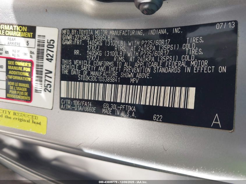 2013 Toyota Sienna L V6 7 Passenger VIN: 5TDZK3DC1DS389841 Lot: 43889779