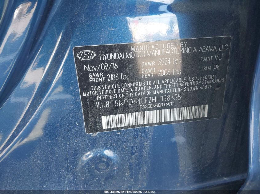 2017 Hyundai Elantra Se VIN: 5NPD84LF2HH158355 Lot: 43889782