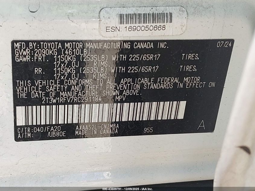 2024 Toyota Rav4 Xle VIN: 2T3W1RFV7RC291184 Lot: 43889791