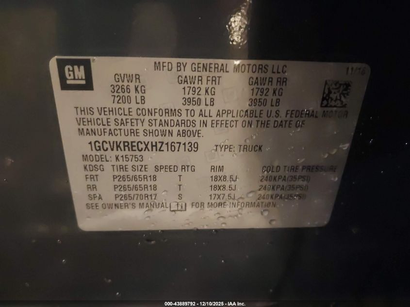 2017 Chevrolet Silverado 1500 1Lt VIN: 1GCVKRECXHZ167139 Lot: 43889792