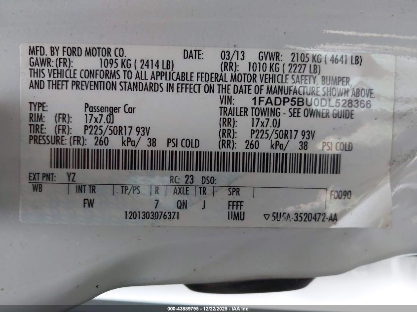 2013 Ford C-Max Hybrid Sel VIN: 1FADP5BU0DL528366 Lot: 43889795