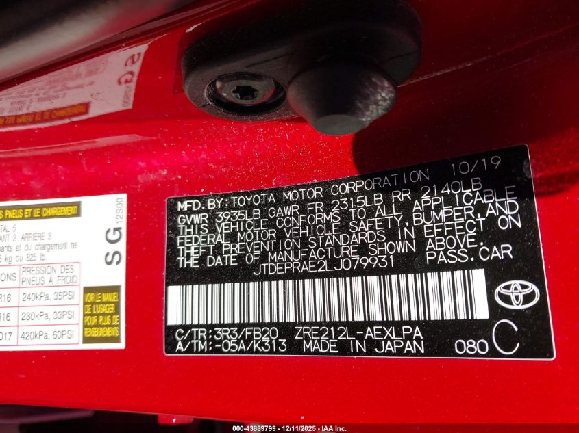 2020 Toyota Corolla Le VIN: JTDEPRAE2LJ079931 Lot: 43889799