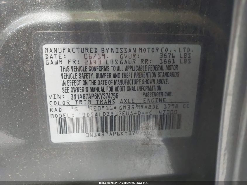 2019 Nissan Sentra Sv VIN: 3N1AB7AP6KY374756 Lot: 43889801