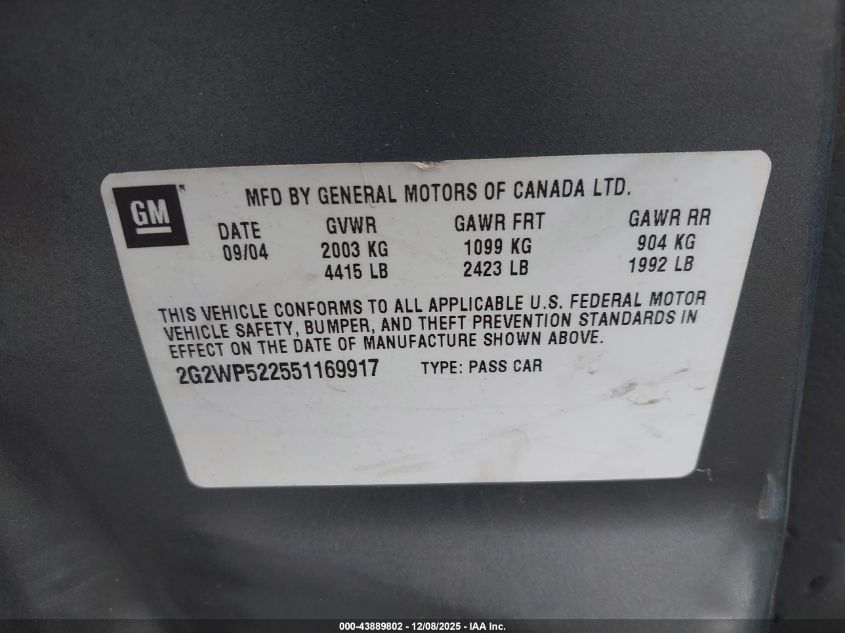 2005 Pontiac Grand Prix VIN: 2G2WP522551169917 Lot: 43889802