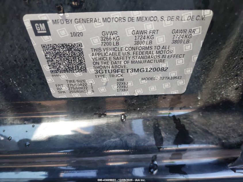 2021 GMC Sierra 1500 VIN: 3GTU9FET3MG120082 Lot: 43889803