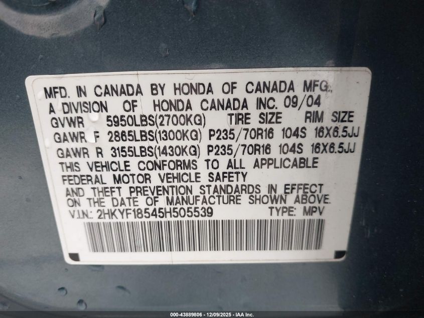 2005 Honda Pilot Ex-L VIN: 2HKYF18545H505539 Lot: 43889806