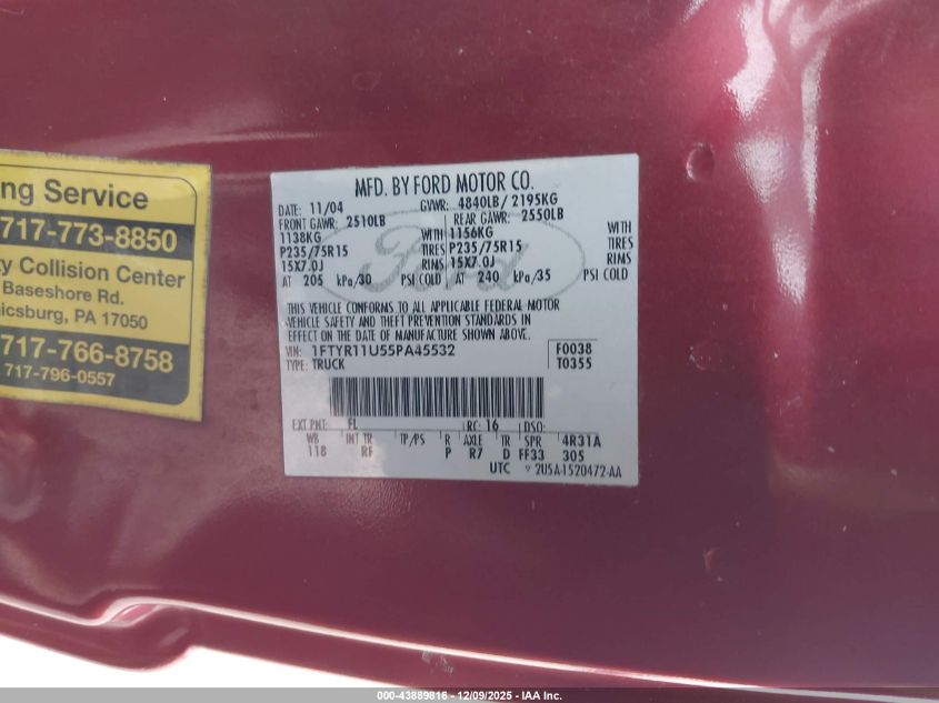 2005 Ford Ranger Edge/Xl/Xlt VIN: 1FTYR11U55PA45532 Lot: 43889816