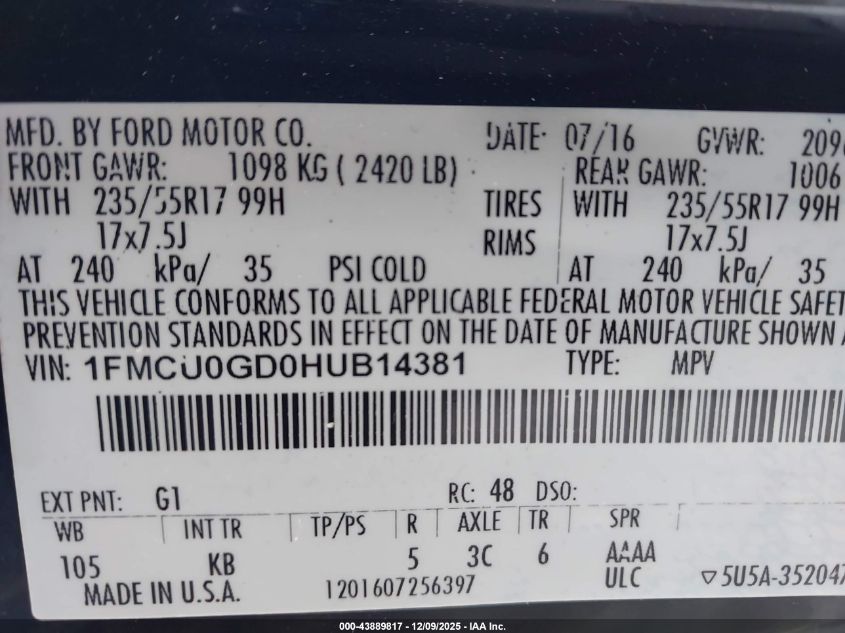 2017 Ford Escape Se VIN: 1FMCU0GD0HUB14381 Lot: 43889817