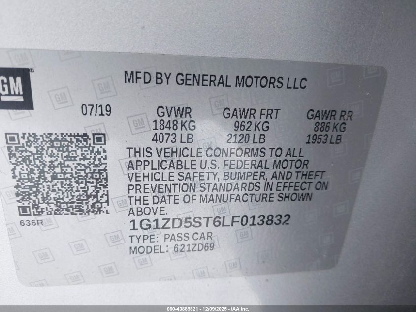 2020 Chevrolet Malibu Fwd Lt VIN: 1G1ZD5ST6LF013832 Lot: 43889821