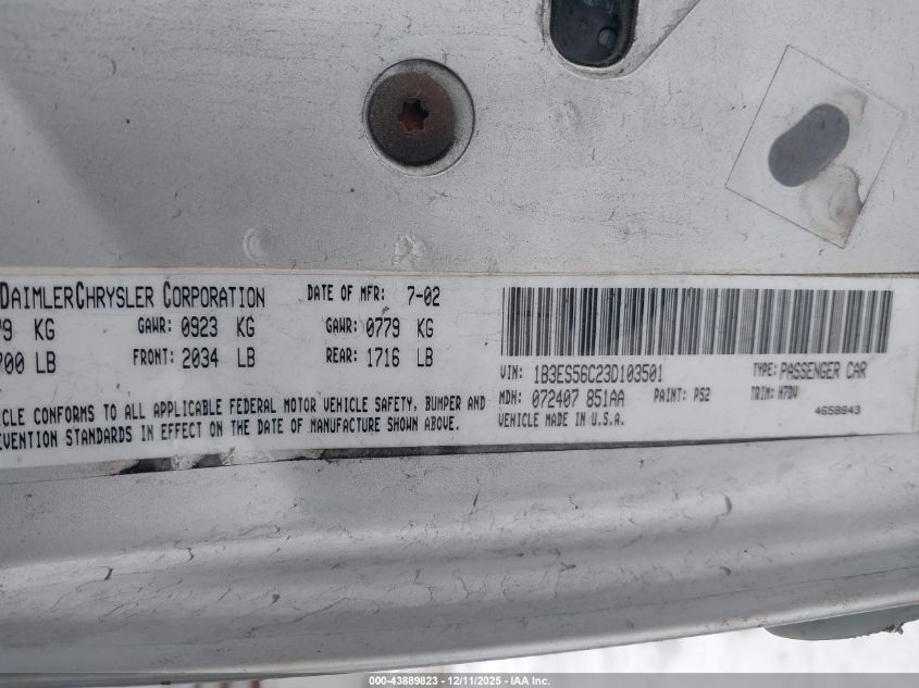 2003 Dodge Neon Sxt VIN: 1B3ES56C23D103501 Lot: 43889823