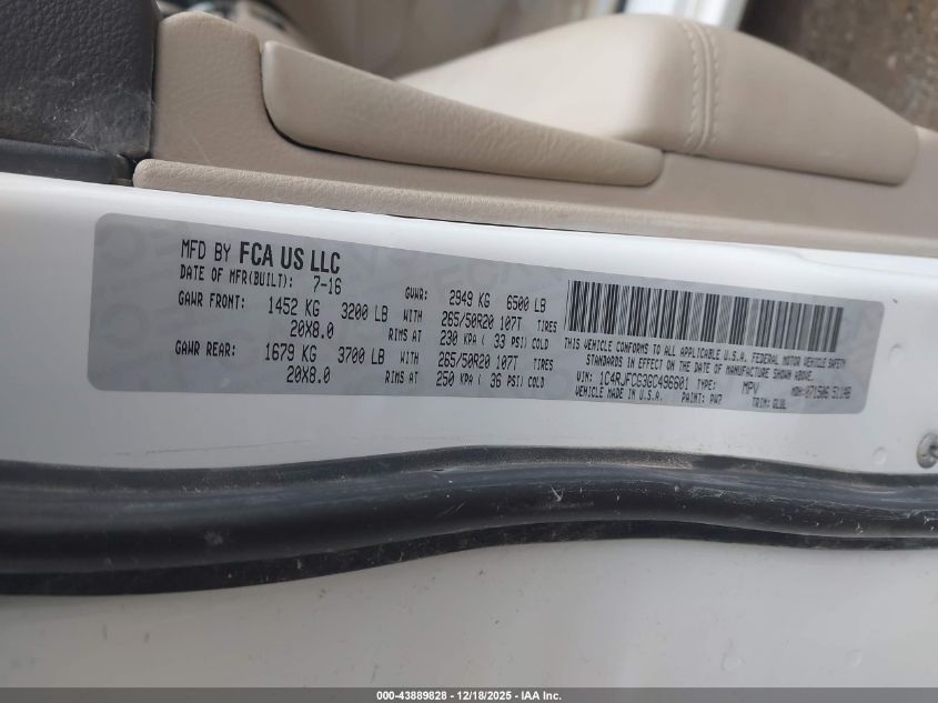 2016 Jeep Grand Cherokee Overland VIN: 1C4RJFCG3GC496601 Lot: 43889828