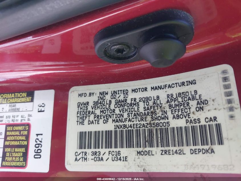 2010 Toyota Corolla Le VIN: 1NXBU4EE2AZ358005 Lot: 43889842