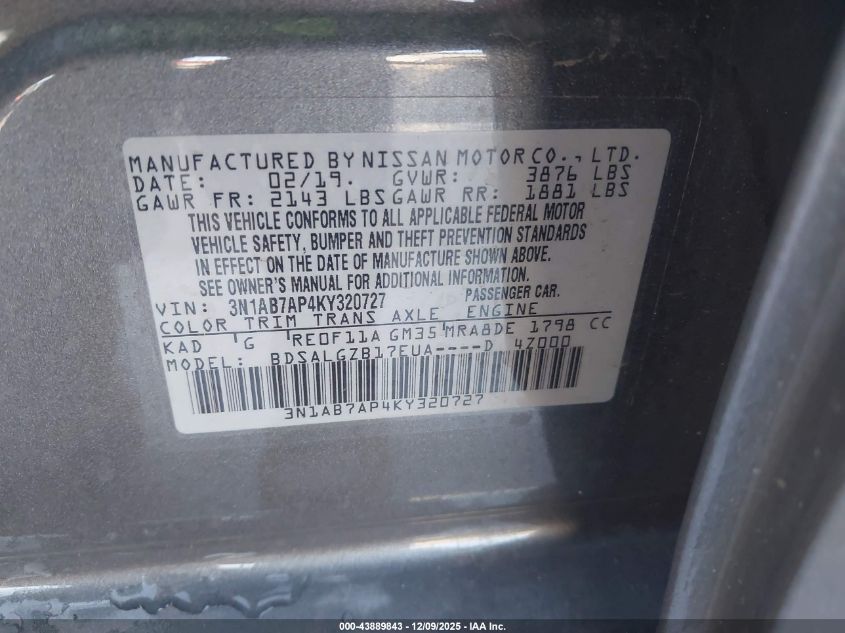 2019 Nissan Sentra Sl VIN: 3N1AB7AP4KY320727 Lot: 43889843