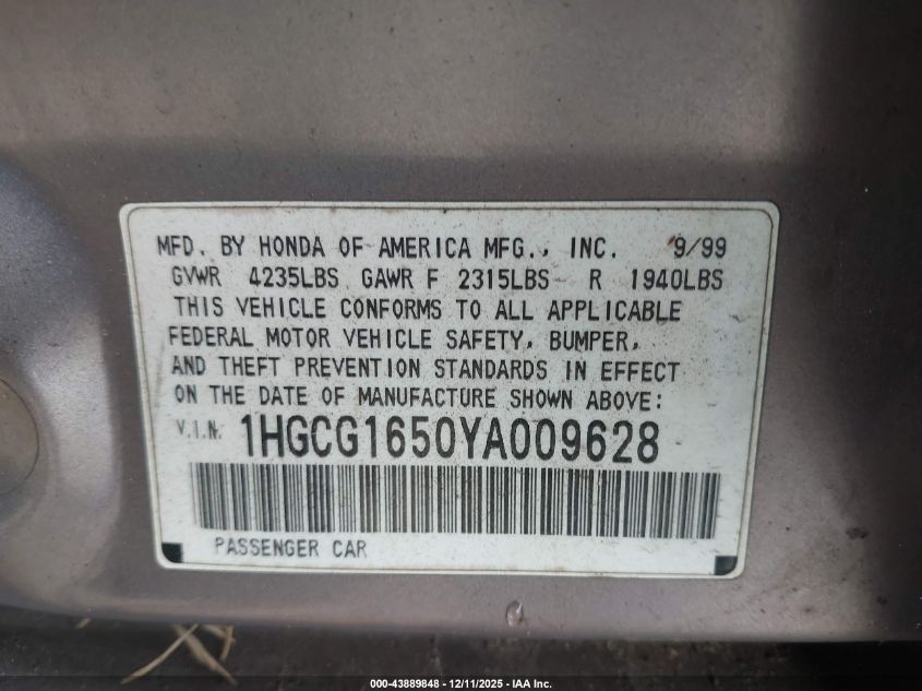 2000 Honda Accord 3.0 Ex VIN: 1HGCG1650YA009628 Lot: 43889848