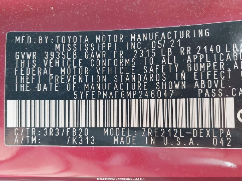 2021 Toyota Corolla Le VIN: 5YFEPMAE6MP246047 Lot: 43889850