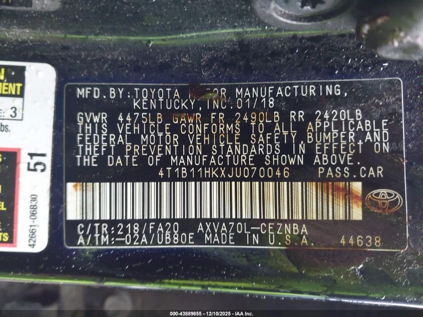 2018 Toyota Camry Le VIN: 4T1B11HKXJU070046 Lot: 43889855