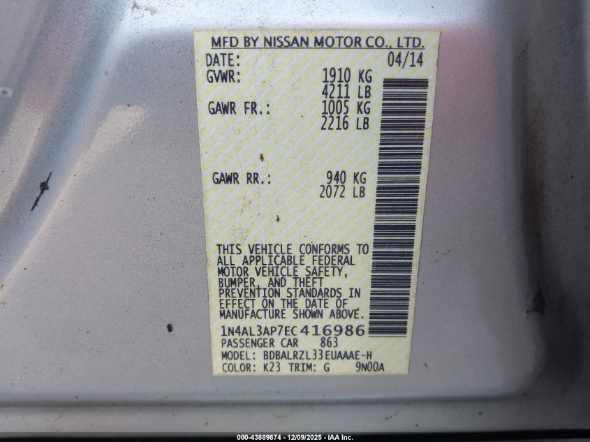 2014 Nissan Altima 2.5 S VIN: 1N4AL3AP7EC416986 Lot: 43889874