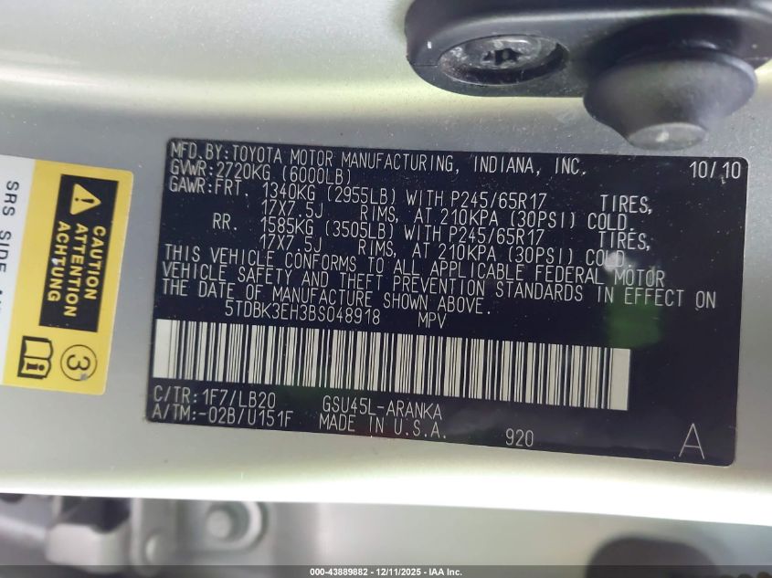 2011 Toyota Highlander Se V6 VIN: 5TDBK3EH3BS048918 Lot: 43889882