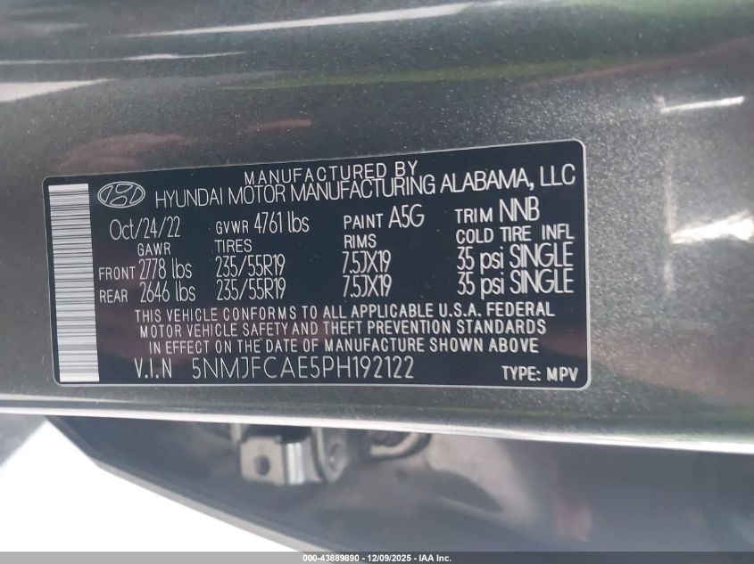 2023 Hyundai Tucson Sel VIN: 5NMJFCAE5PH192122 Lot: 43889890