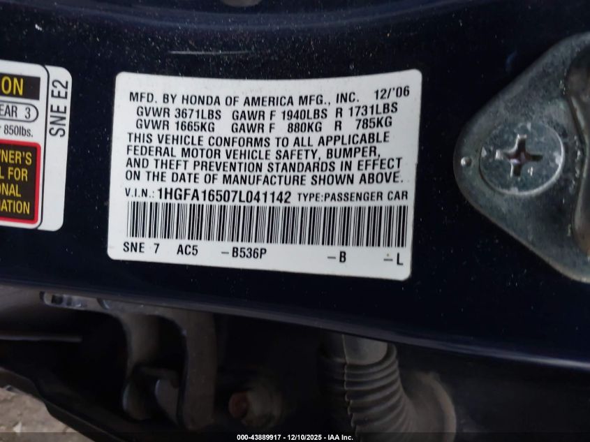 2007 Honda Civic Lx VIN: 1HGFA16507L041142 Lot: 43889917
