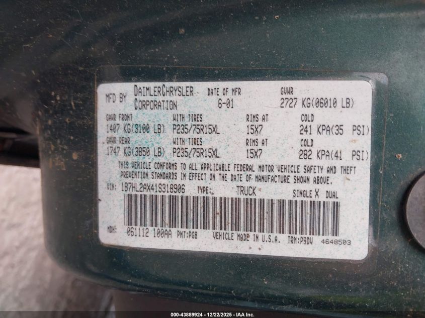 2001 Dodge Dakota Slt/Sport VIN: 1B7HL2AX41S318906 Lot: 43889924